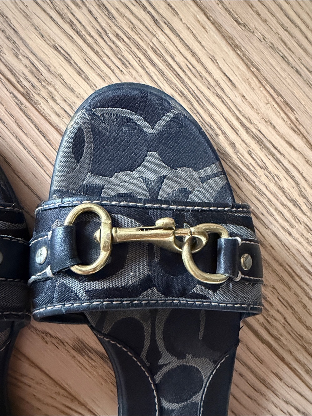 COACH Black Slide Sandals with Gold Buckle Detail - Picture 3 of 9